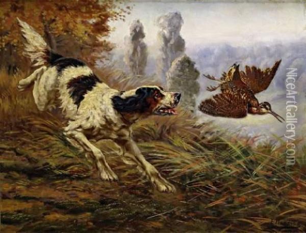 Chien Chassant Une Becasse Oil Painting - E. Hanriod