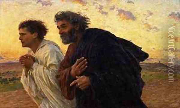 The Disciples Peter and John Running to the Sepulchre on the Morning of the Resurrection Oil Painting - Eugene Burnand