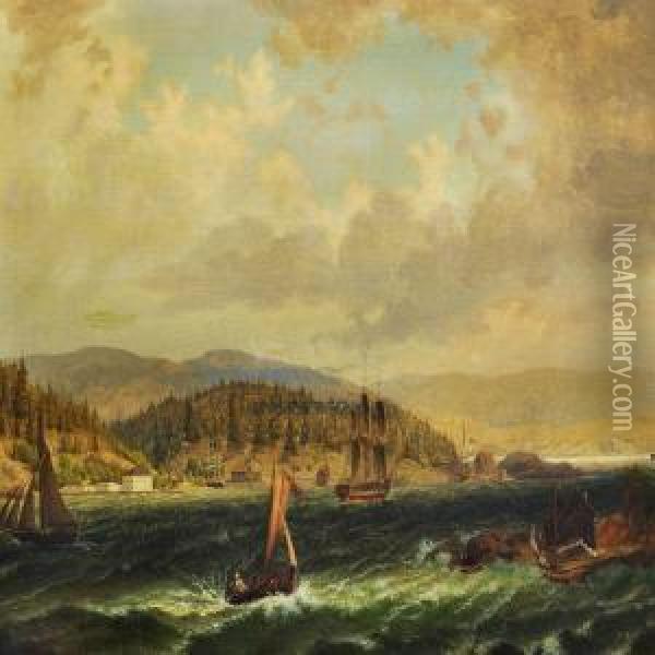 Sailing Ships In A Norwegian Fiord Oil Painting - Halldor Hjerleid