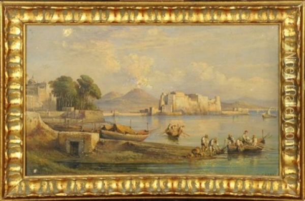 Naples, Le Chateau De L'oeuf, Le Vesuve Oil Painting - Consalvo Carelli