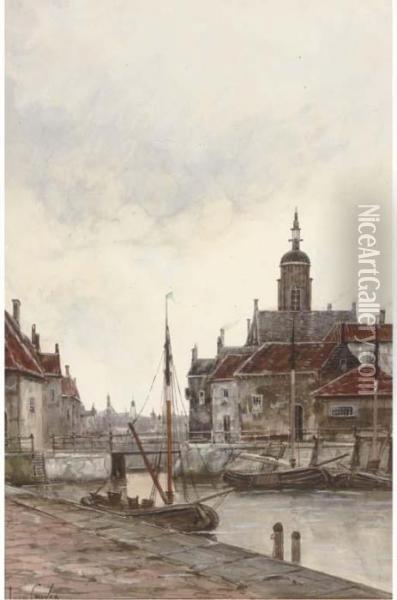 A Harbour Town With Moored Vessels Oil Painting - Hermanus Jr. Koekkoek