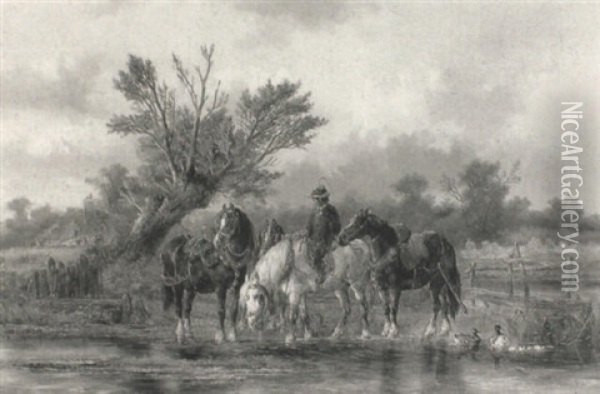Horses Watering At A Village Pond Oil Painting - Alexis de Leeuw
