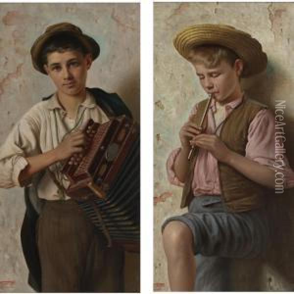 The Accordian Player; The Piccolo Player: A Pair Oil Painting - Vittorio Rignano
