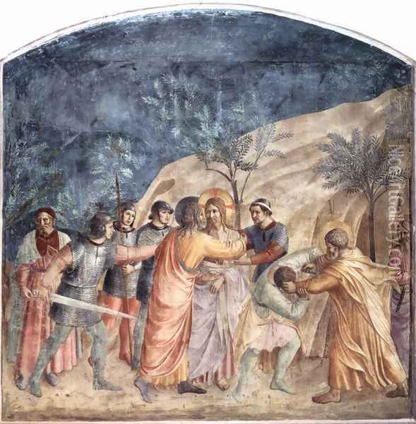 Capture of Christ, Judas Kiss and Peter, the servant Malchus an ear off Oil Painting - Angelico Fra