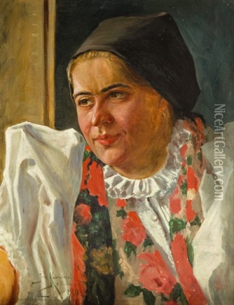 Portret Kobiety W Stroju Ludowym Oil Painting - Jan Kazimierz Kusmidrowicz