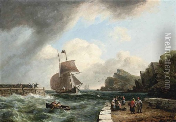 A Freshening Breeze Off The Entrance To The Harbour At Teignmouth, Devon Oil Painting - Thomas Luny