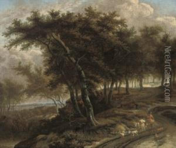 A Wooded Landscape With A Shepherd And His Flock On A Track Oil Painting - Adriaen Hendricksz. Verboom