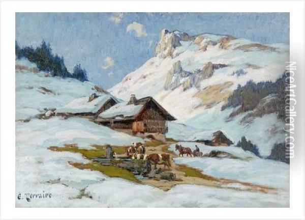 Troupeau En Montagne Sous La Neige Oil Painting - Clovis Frederick Terraire