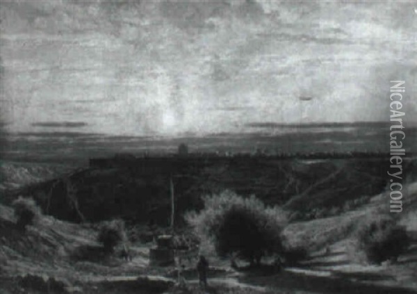View Of Jerusalem At Dusk Oil Painting - James Fairman