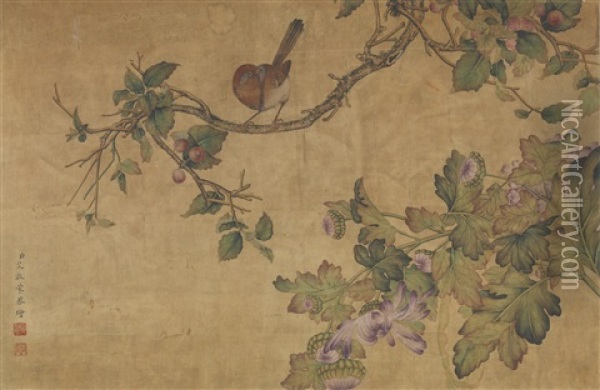 Cherry, Chrysanthemum And Birds Oil Painting -  Ai Qimeng