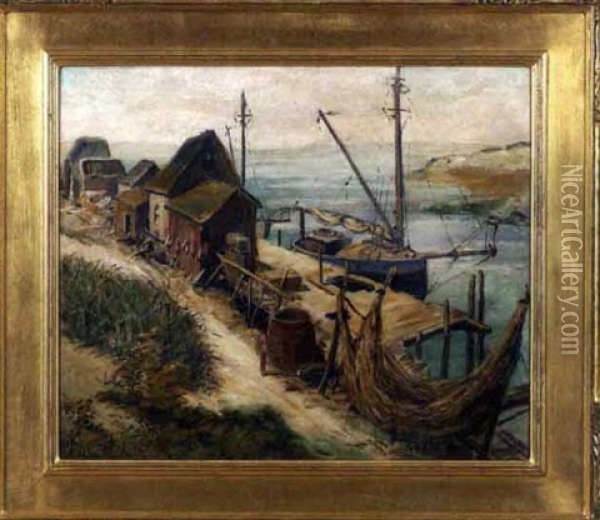 Coastal Scene With Fishing Shanties, Dock And Boats Oil Painting - Frank Hendry