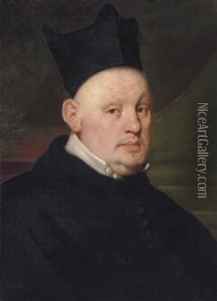 Portrait Of A Cleric, Bust-length, In A Black Habit And Hat Oil Painting - Alonso Cano
