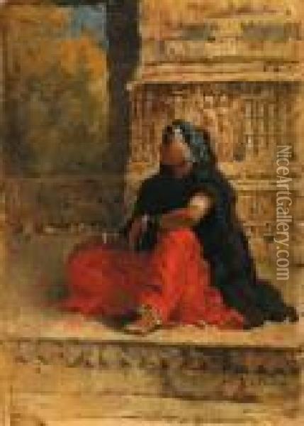 Femme Indienne Assise Devant Un Temple Oil Painting - Edwin Lord Weeks
