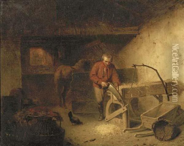 A Farmer At Work In A Stable Oil Painting - Johannes Engel Masurel
