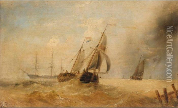 Shipping In Heavy Seas; Shipping At Sunset Oil Painting - Henry Redmore