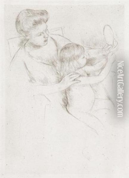 Looking Into The Hand Mirror (no. 3) (b.202) Oil Painting - Mary Cassatt