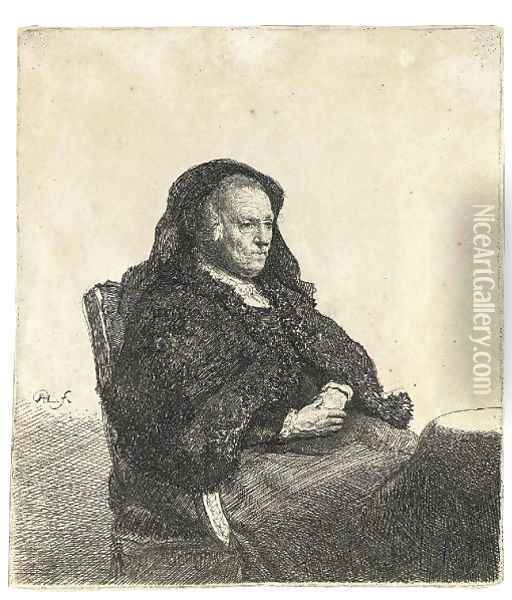 The Artist's Mother seated at a Table, looking right Oil Painting - Rembrandt Van Rijn
