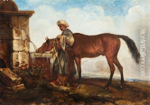 Cheval Arabe Et Son Cavalier Buvant A La Fontaine Oil Painting - Carle Vernet