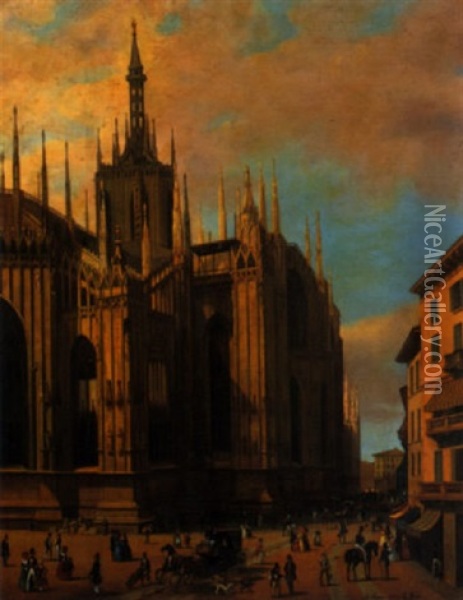 Milano, Passeggio Al Duomo Oil Painting - Giuseppe Canella I