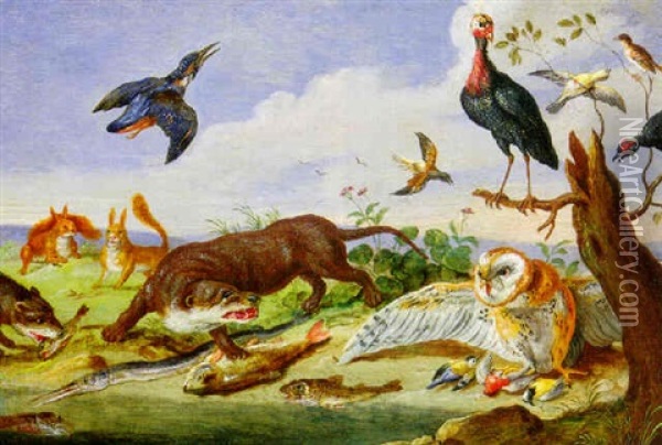 An Otter And An Owl Guarding Their Catches On A Beach, Turkeys On A Branch And A Kingfisher In Flight Above Oil Painting - Jan van Kessel the Elder