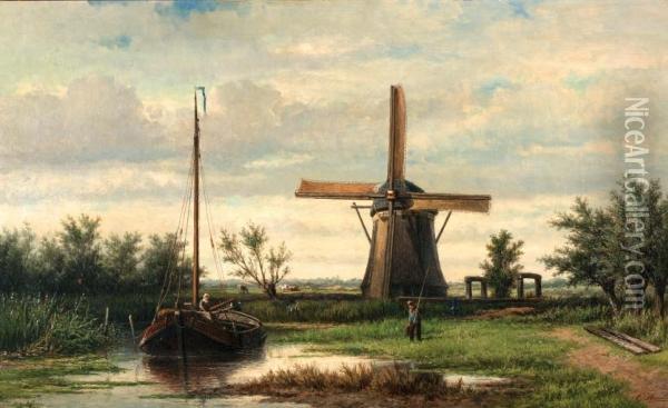 Polderlandschap Met Figuren Bij Een Molen Oil Painting - Georgius Heerebaart