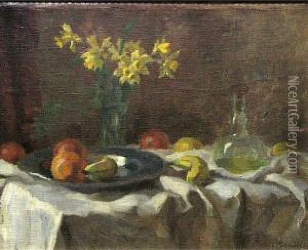 A Still Life With Fruit And Daffodils Oil Painting - Ludwig, Lajos Rauscher