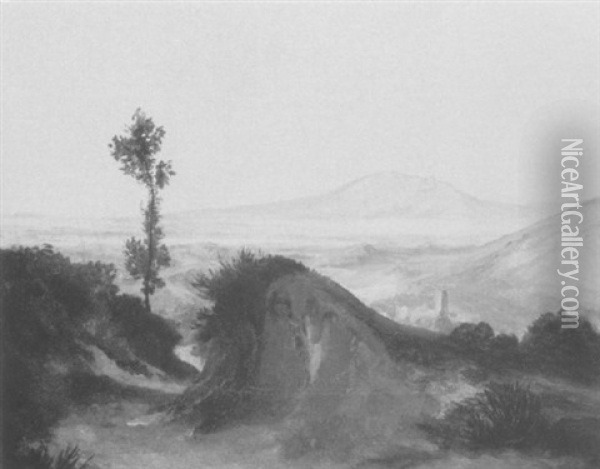 Blick Auf Die Albaner Berge; Im Mittelgrund Die Ortschaft Ganazzano, Rechts Die Anhohe Nach Palestrina Oil Painting - August Bromeis