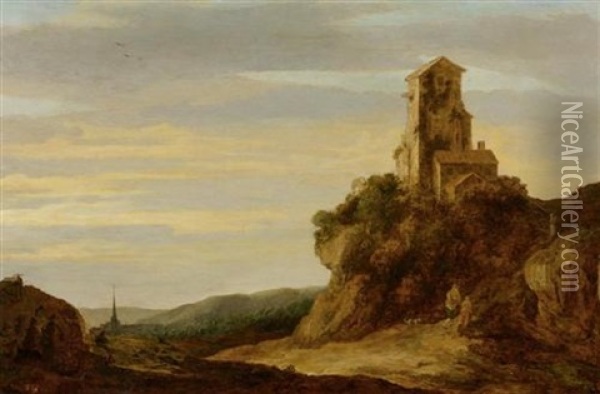 Hugellandschaft Mit Wanderern Am Fusse Einer Burgruine Oil Painting - Pieter De Molijn