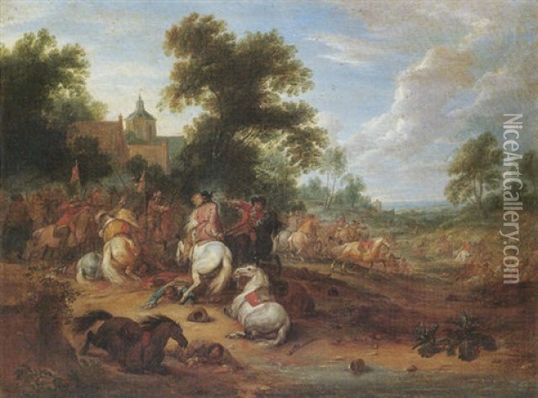 A Landscape With A Cavalry Skirmish Oil Painting - Adam Frans van der Meulen