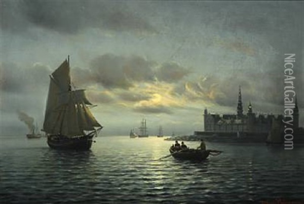 Seascape With Kronborg Castle In The Background Oil Painting - Johan Jens Neumann