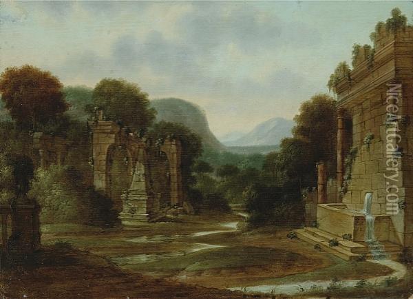 Architectural Ruins In A Landscape; Also A Companion Painting (a Pair) Oil Painting - F. F. Bernitz