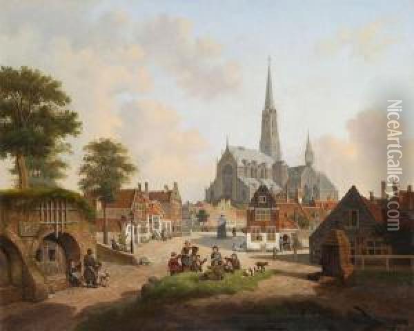 Dutch City View With Card Players Oil Painting - Jan Hendrik Verheijen