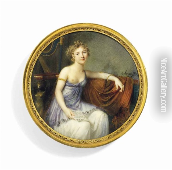 A Young Lady, Seated, In Decollete White Silk And Lilac Muslin Dress, Revealing Right Breast, Wearing Gold Armlet And Bracelet, Holding A Letter In Her Right Hand Inscribed Italie En Oil Painting - Jean Baptiste Jacques Augustin