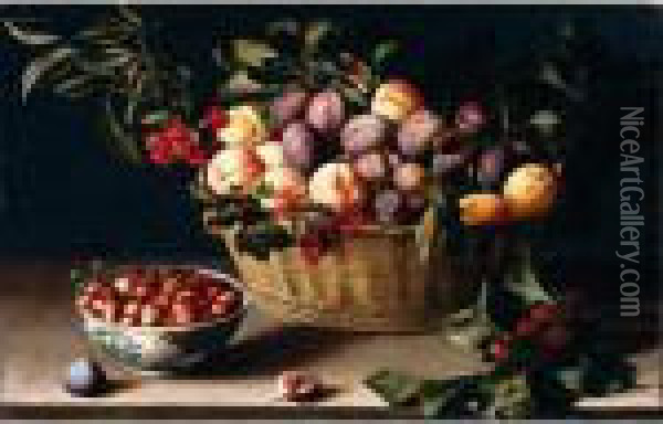 Still Life With A Basket Of Plums, Peaches, Cherries And Redcurrants, Together With Oil Painting - Louise Moillon