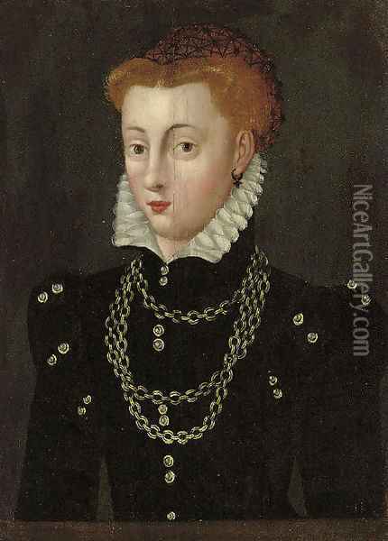Portrait of a lady, traditionally identified as Mary Queen of Scots (1542-1587), half-length, in a black dress and white ruff with a gold necklace Oil Painting - Francois Clouet