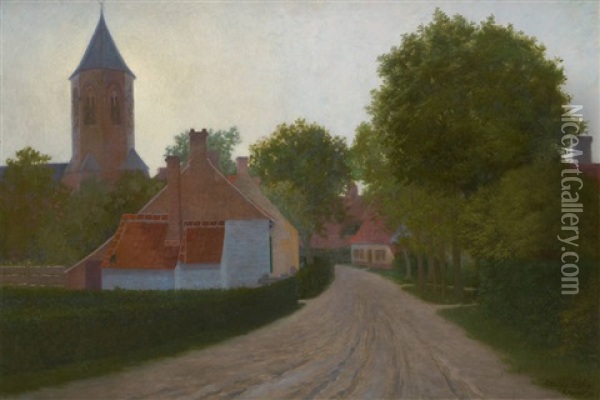 Vue Du Village De Knokke Oil Painting - Emile Jules Lebrun