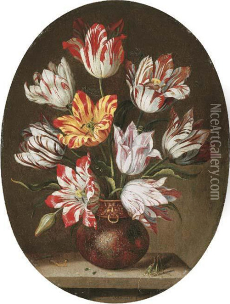 Tulips In A Vase With A Caterpillar And A Grasshopper On A Stone Ledge, And Dragonflies And A Bee Oil Painting - Jakob Marellus