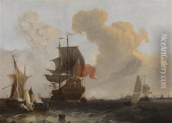 A Man-o-war In Choppy Seas Oil Painting - Michiel Maddersteeg