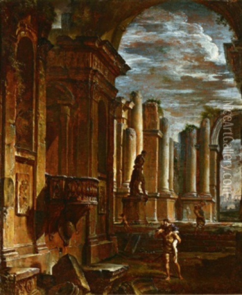 Aneas Tragt Seinen Vater Anchises Auf Seinen Schultern Aus Dem Brennenden Troja Oil Painting - Giovanni Paolo Panini