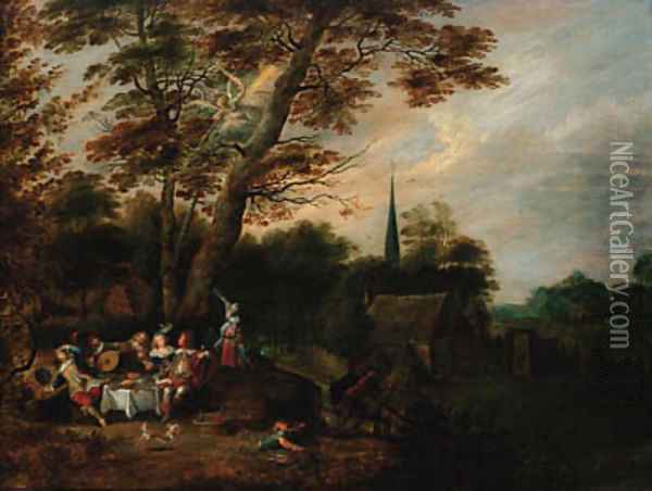 Elegant company at table in a wooded landscape, a village beyond with an angel of the Apocalypse above Oil Painting - Lucas Van Uden