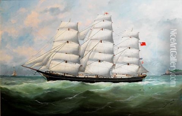 The Full-rigger King Ceolric Running Down The Coast Under Full Sail Oil Painting - Edouard Adam