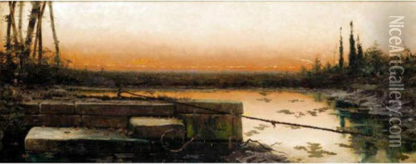 Sunset Over The Marshes Oil Painting - Enrique Serra y Auque