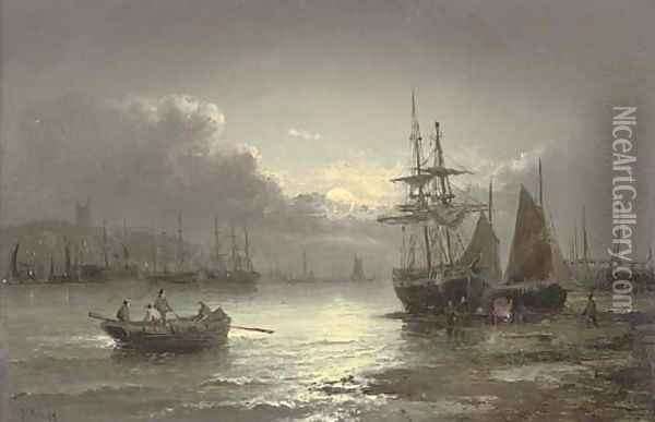 Whitby by moonlight Oil Painting - William A. Thornley or Thornbery