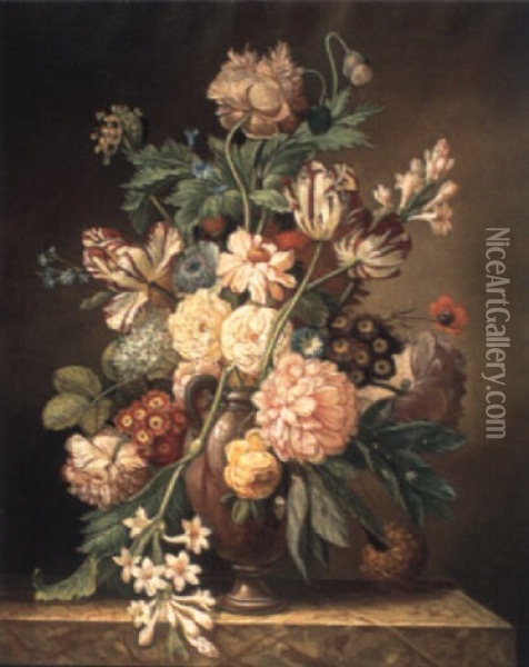 Peonies, Poppies And Tulips In A Stone Case On A Marble Ledge Oil Painting - Jan van Os