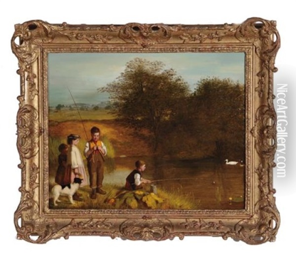 Young Boys Fishing Oil Painting - Charles Hunt