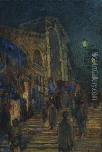 Figures On A Bridge At Night Time, Possibly The Rialto Bridge Oil Painting - Edgar Thomas Wood