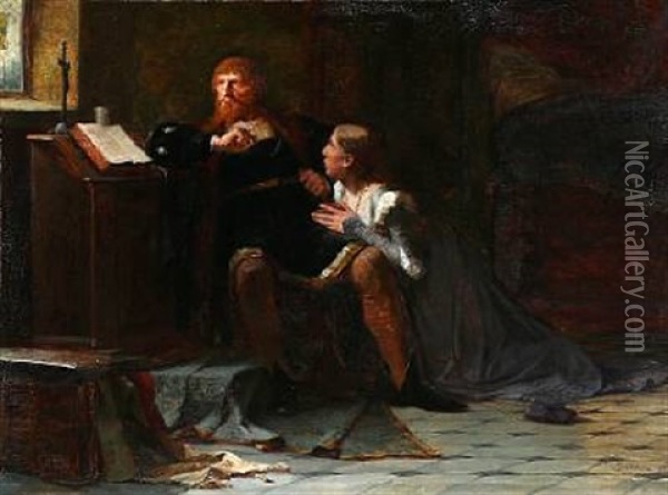 Christian Ii. Queen Elisabeth Praying Christian Ii Of Denmark For Saving The Life Of Torben Oxe Oil Painting - Hans Peter Lindeburg