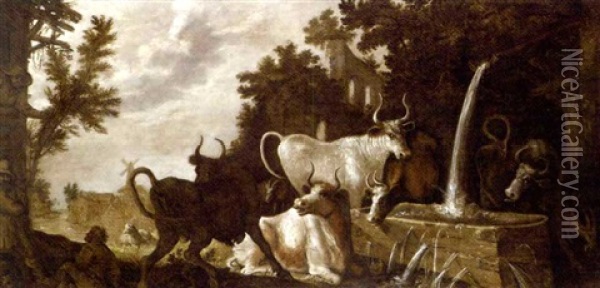 A Wooded Landscape With Peasants By A Cottage And Cattle At A Drinking Trough, A Village Beyond Oil Painting - Roelandt Savery