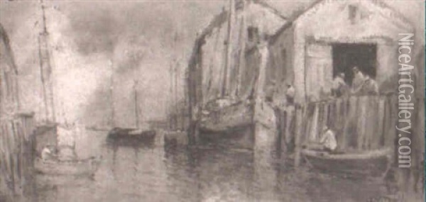 Harbor Scene With Fishermen Oil Painting - Arthur Vidal Diehl