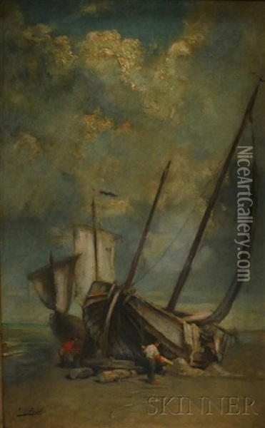 Two Sailing Vessels On The Sand Oil Painting - Jean C. Ubaghs